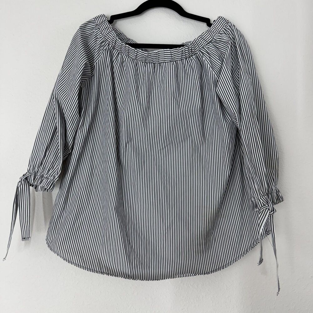 Potters Pot Womens Blouse Top Shirt Medium Fit Off Shoulder Bow Sleeve Striped